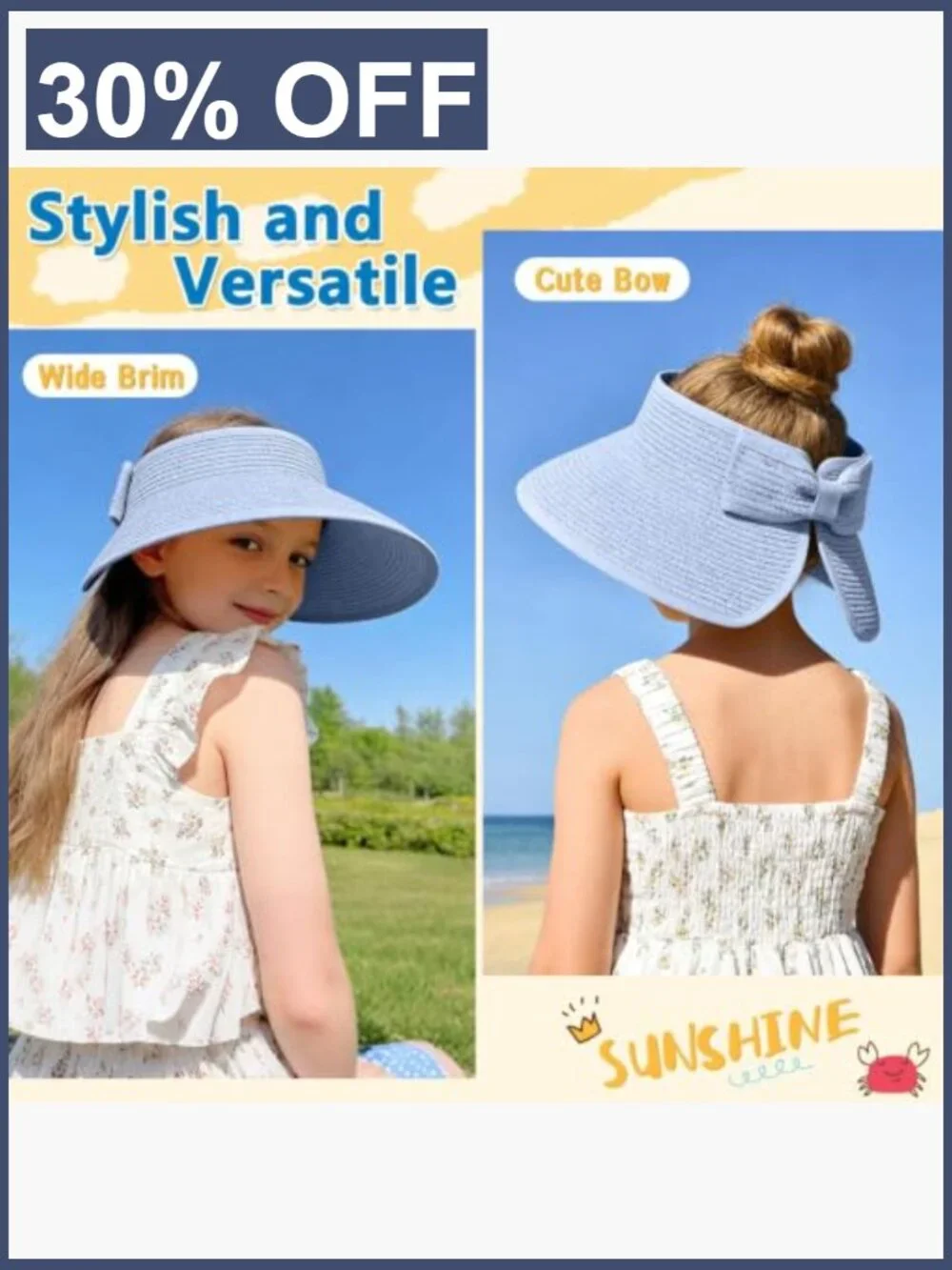 Girls Straw Sun Visor Hat Wide Brim Ponytail Beach Bow Foldable Packable Summer